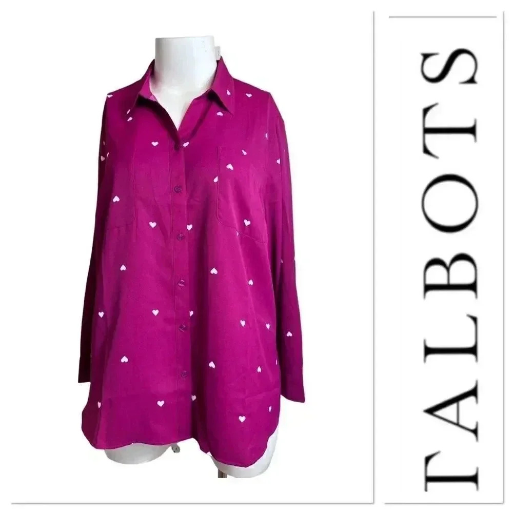 Talbots Women's Pink Heart Chiffon Long Sleeve Collared Button Down Blouse NWT